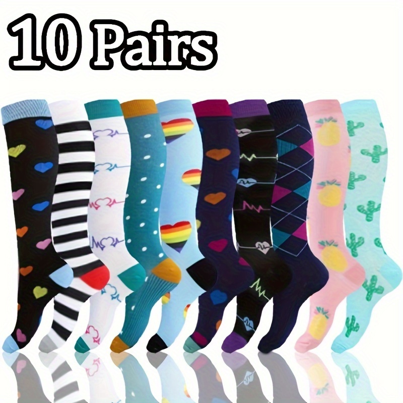 

10 Pairs Of Unisex Colorful Pattern Socks, Knee High Stocking For Athletic Cycling Running Football Hiking Driving Travel