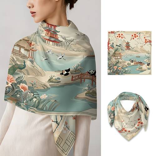 Artikelbild 2d flach 1-teiliger damen-/koreanischer orientalischer see panda schal - retro asiatischer schal kopftuch, für reisen und , multifunktionales umschlag- oder stirnband, alle jahreszeiten, handwaschbares kulturbedarf