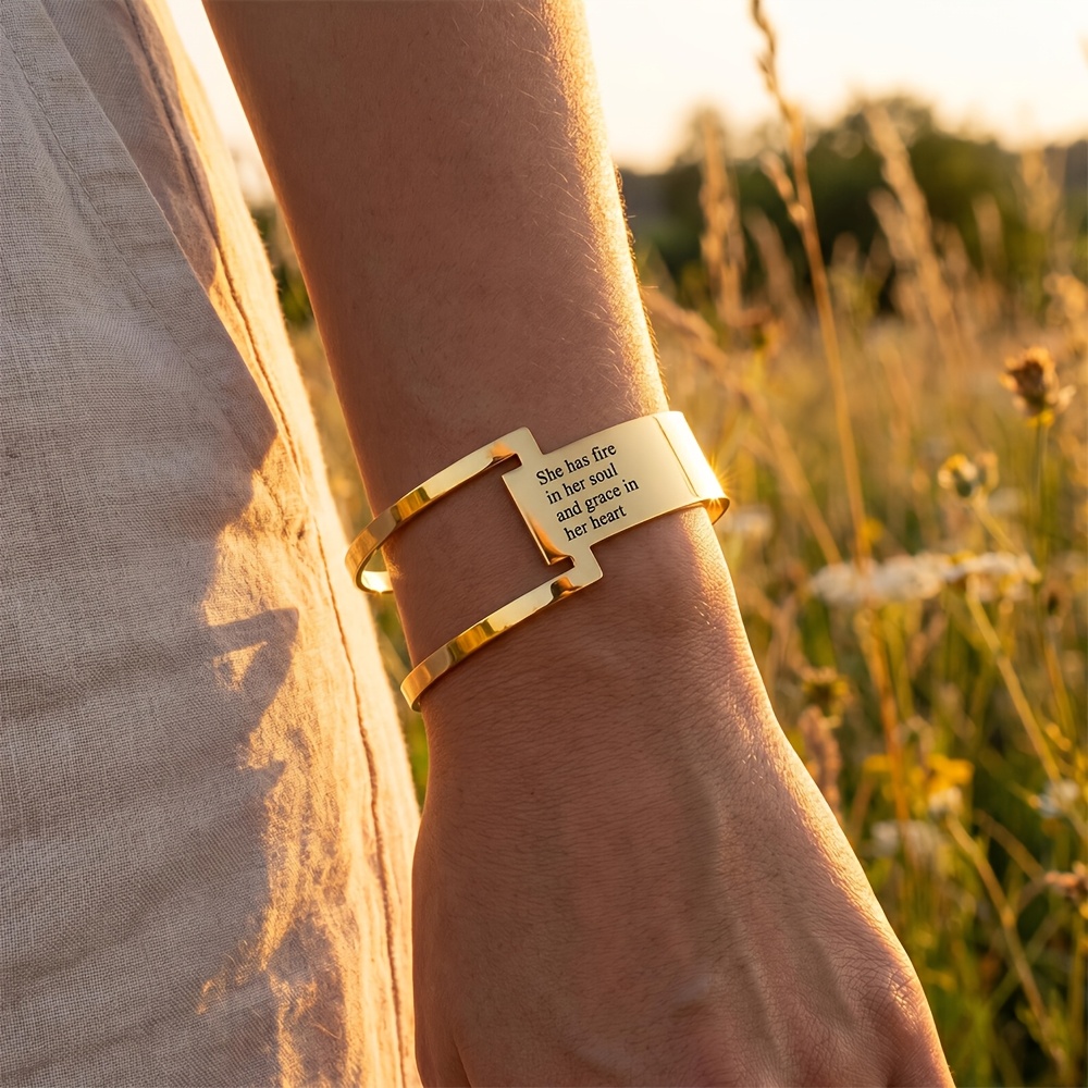 TEMU ["Personalizado] Brazalete abierto de acero inoxidable dorado con personalizado, pulsera personalizada con , joyería personalizada, regalo de