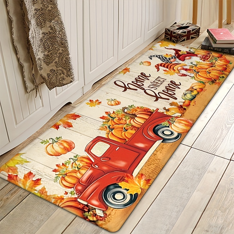 

Festive Autumn Kitchen Mat: , , Pumpkins, And Leaves - Machine Washable, Non-slip, And Durable