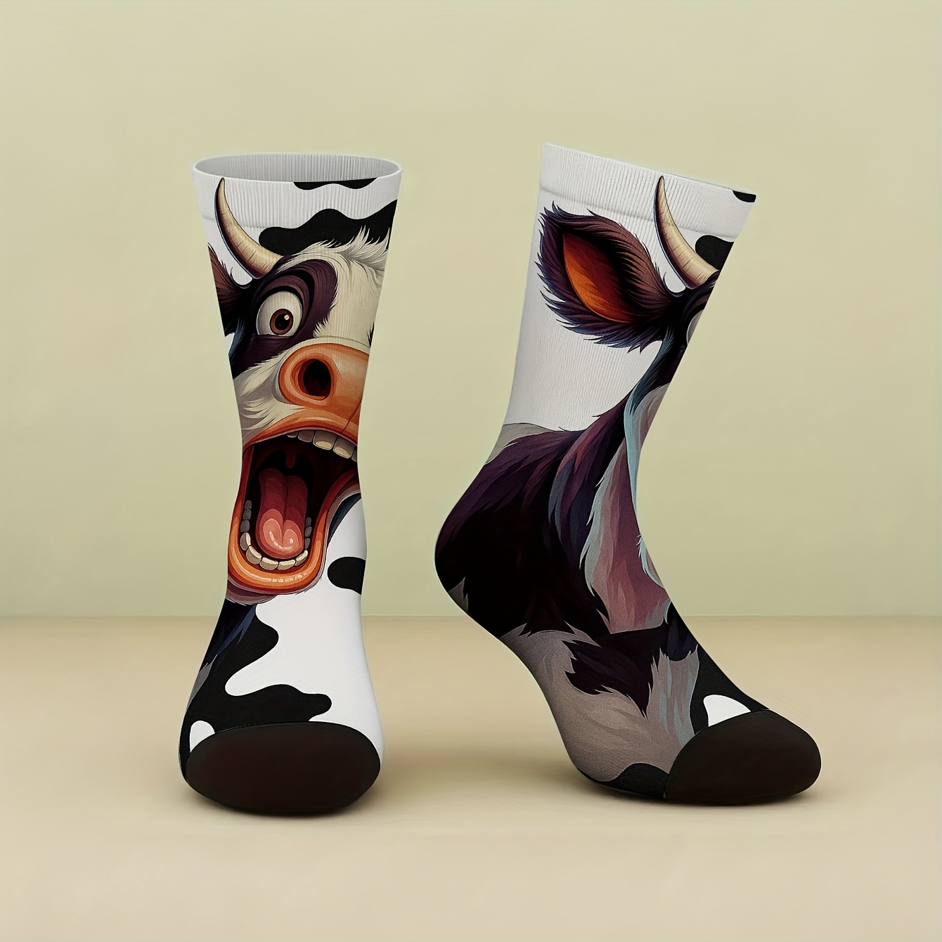 TEMU 1 Pair Of Unisex Novelty Fun Mid-calf Socks Featuring A Cartoon Cow With A Roaring . Creative Compression Socks, Crew Socks, Stylish And