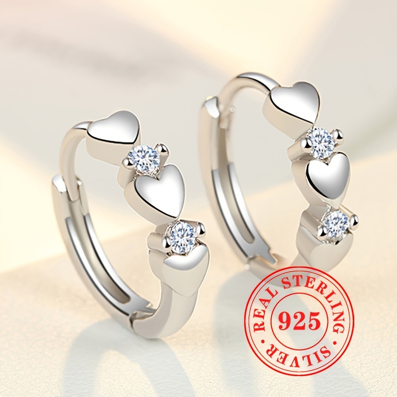 

1pair, Elegant & Cute Style, 925 Sterling Silvery Heart Shape Design, Inlay Shiny Zircon Studs, Fashion Delicate Accessory For Daily Wear & Party, Idea Gift For Ladies, Silvery Weight 2.2g
