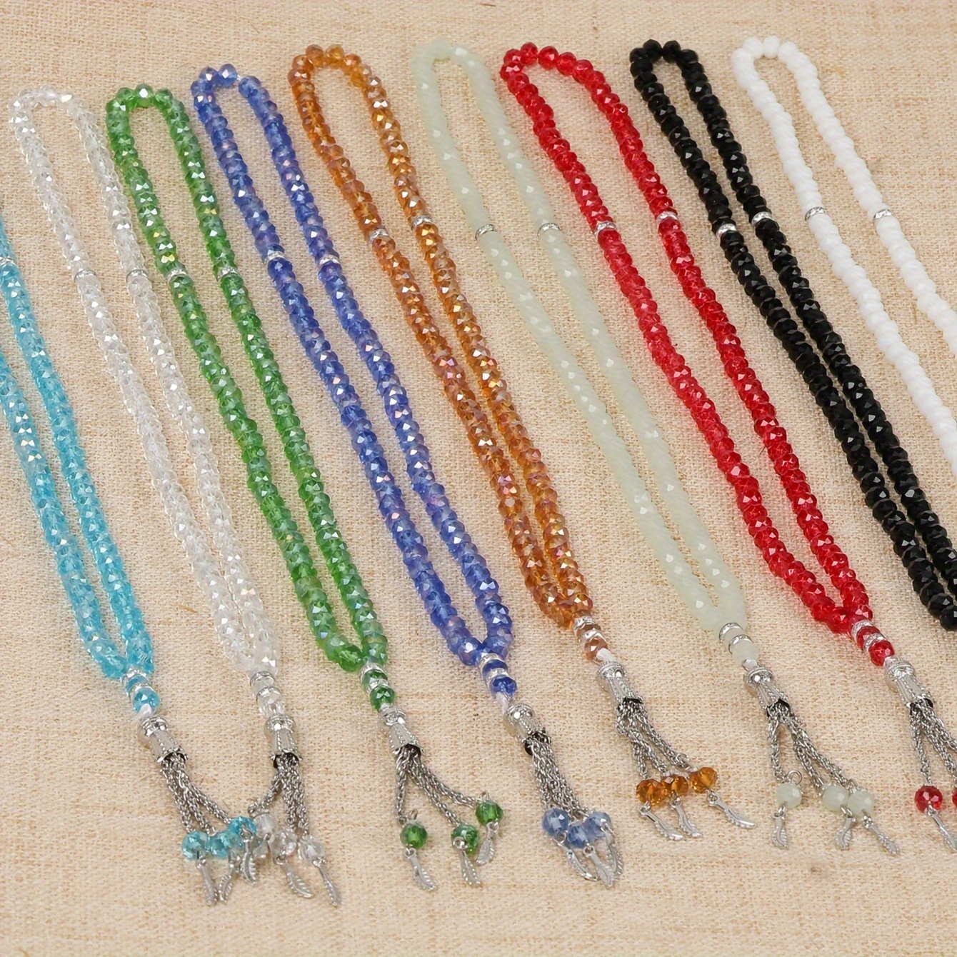 

Multi-color Faceted Prayer Beads, 99 Count, Elegant Silvery Feather Pendant, Chic And Cute Ladies' Accessory For Meditation And Fashion