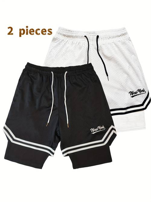 2pcs combination mens embroidery fashion stretch sports shorts 2 in 1 double layer shorts with inner pocket for summer gym workout training