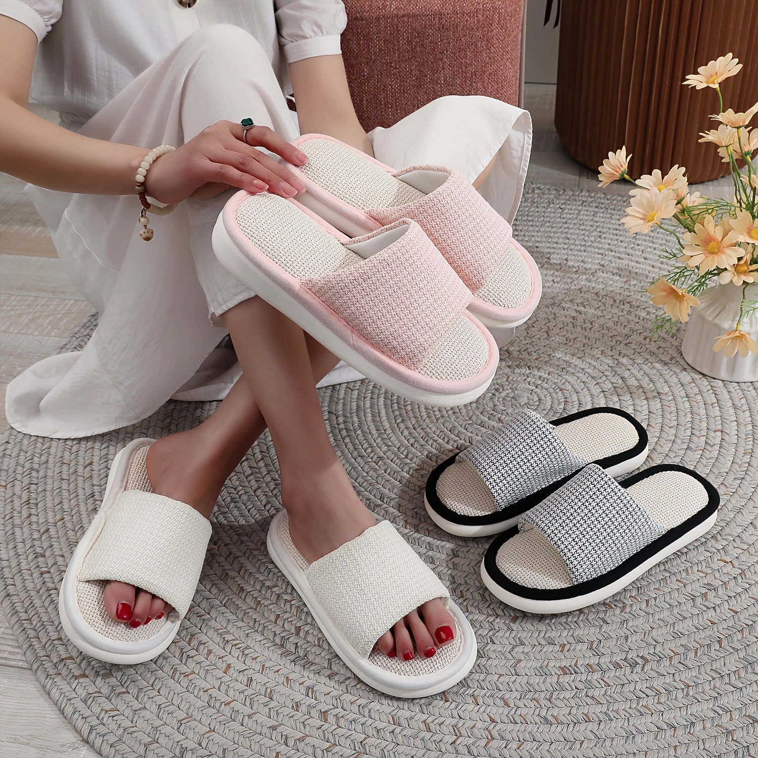 Slip Wearing Slippers In House Women' Linen Style Slip Slippers