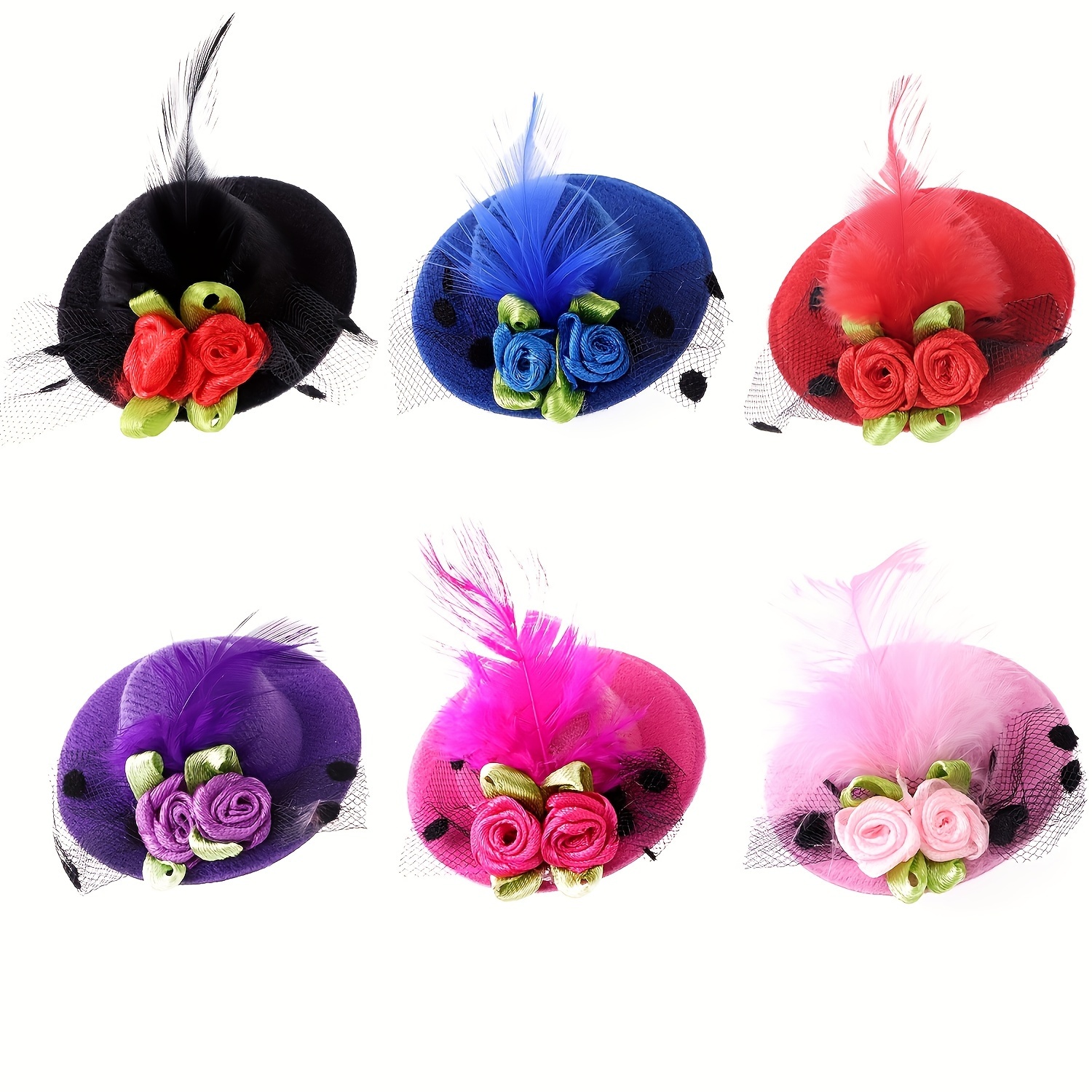 

6-pack Ywli Mini Clip Decorative Hats, 2.29in Mixed Style Fleece With Feather And Floral , Fabric Material, No Electricity Needed, Christmas, Valentine's Day, And Universal Celebrations