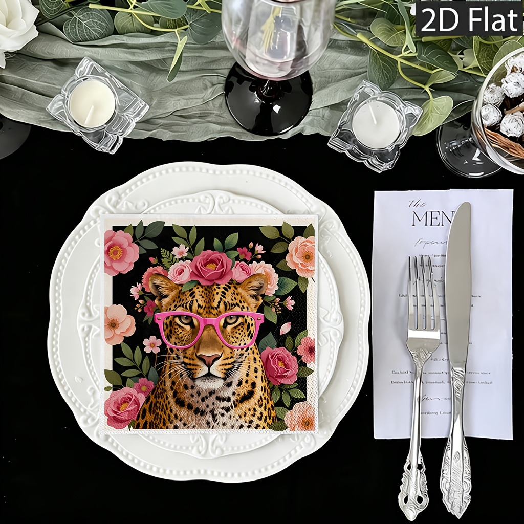 TEMU Lot de 20 serviettes en papier jetables 2D plates, motif léopard avec et décoration florale, 2 épaisseurs pour une durabilité accrue - Parfaites