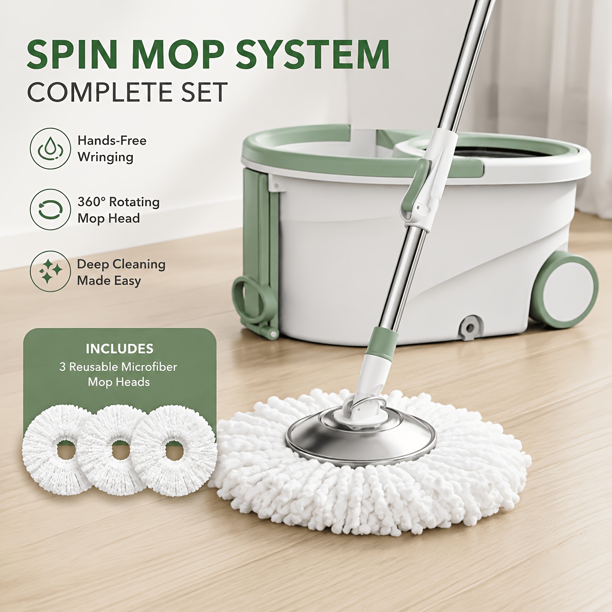Spin Mop Bucket Set, With Wheels, No-wash Spin Mop, 360° Rotating Microfiber Mop Head, With 3 Reusable Replacement Mop Pads, Suitable For Home, Kitchen, And Bathroom Cleaning