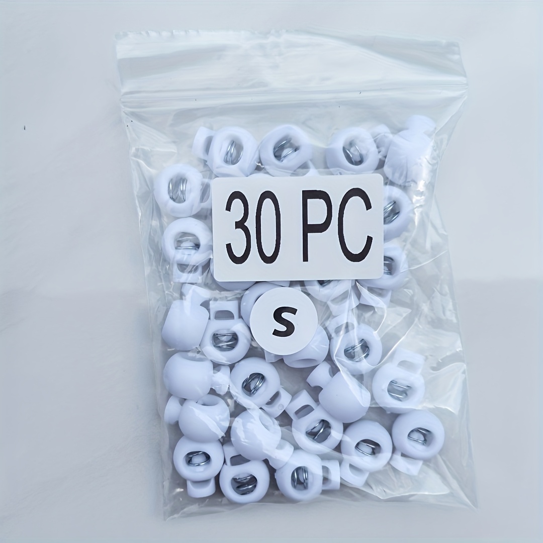 TEMU 30 pezzi Fibbie a molla in plastica per scarpe, da cowboy, valigie, pantaloni ecc. su corde (Diametro foro per : L=5 mm, M=4,5 mm, S=4 mm)