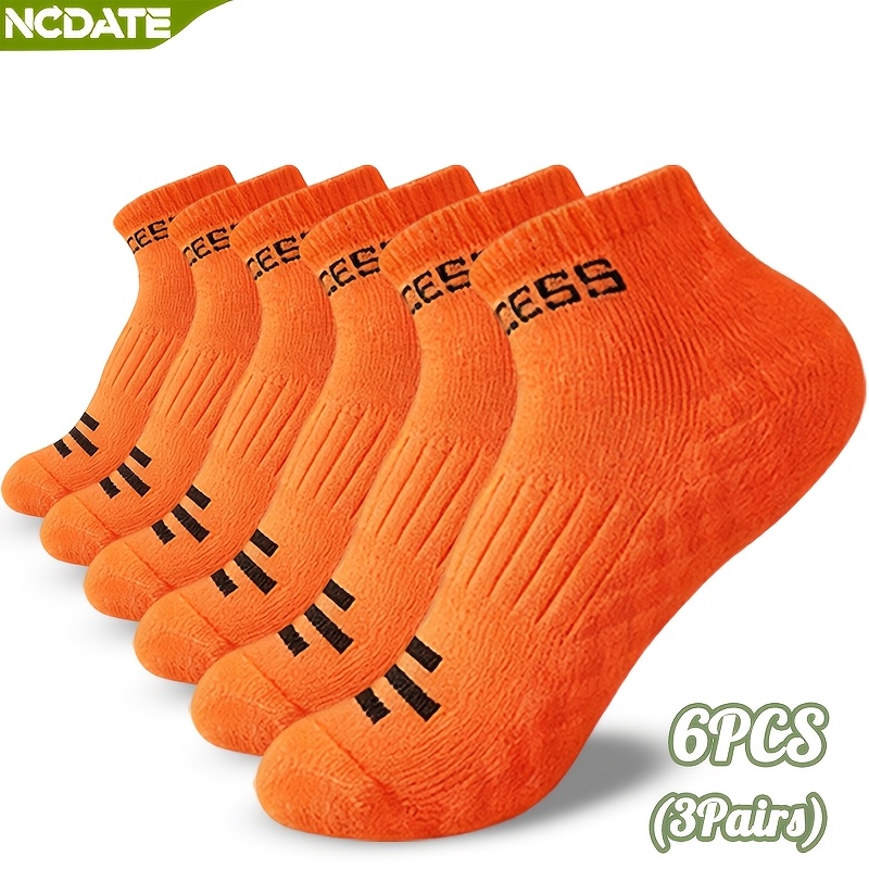TEMU 6pcs/3 Pairs Of Fluorescent Orange Unisex Socks Suitable For , Made Of Soft, Breathable And Comfortable, With Non-slip Towel Bottom,
