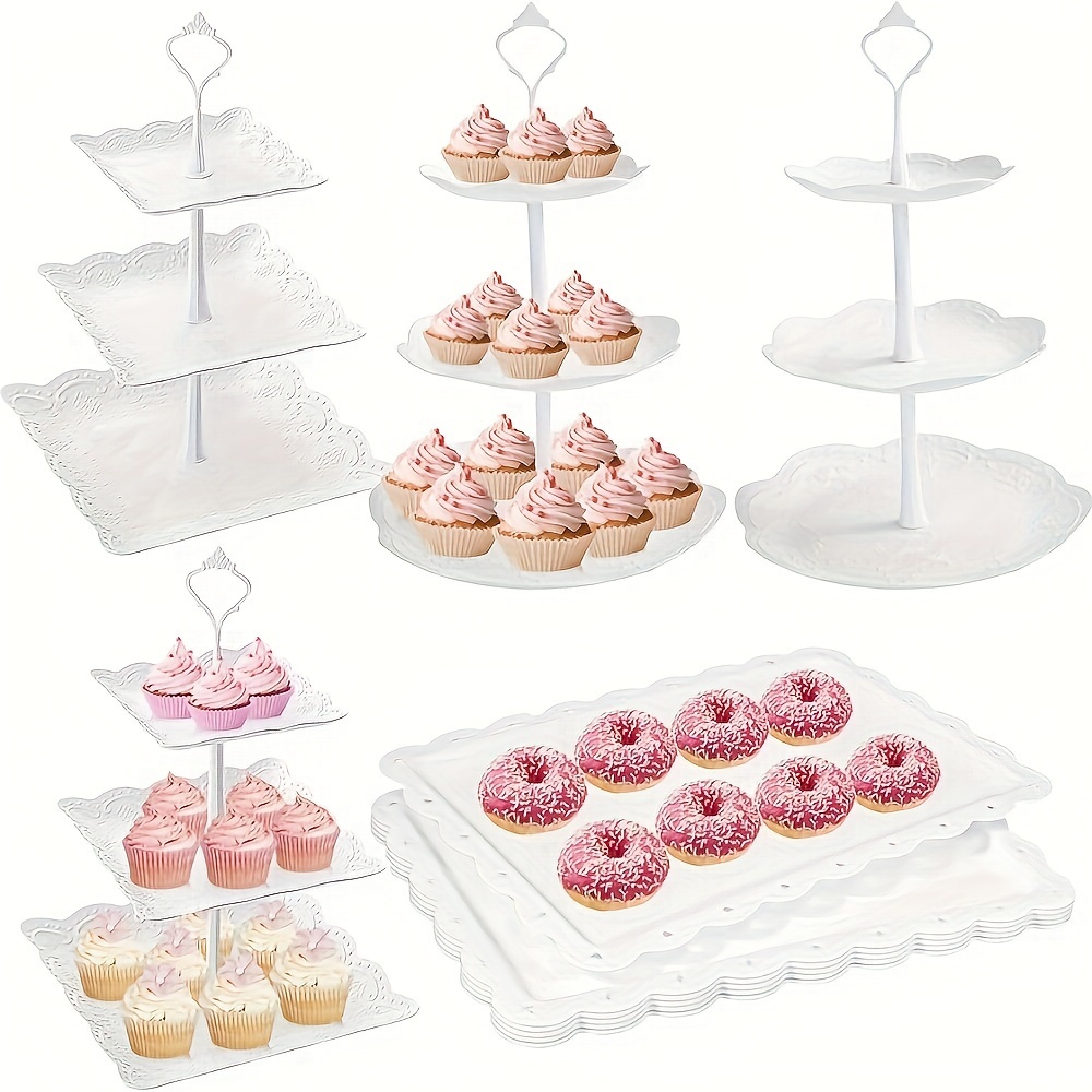

5-piece White Plastic 3-tier Cake Stand Set - Versatile Dessert & Cupcake Display For Weddings, Tea Parties, Graduations | Sturdy & Reusable Serving Tower With 3 Trays