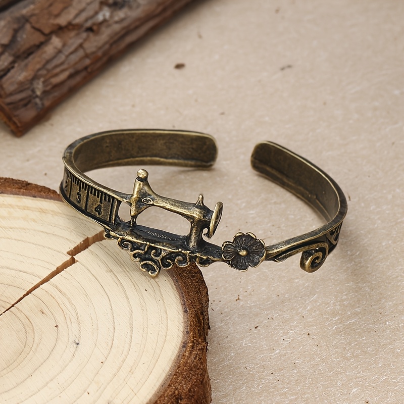 TEMU A Vintage Bohemian Style Open Bracelet With A Graduated Tape Measure, A 3d Sewing Machine, And Carved Flowers, Suitable For Outfits And Gift