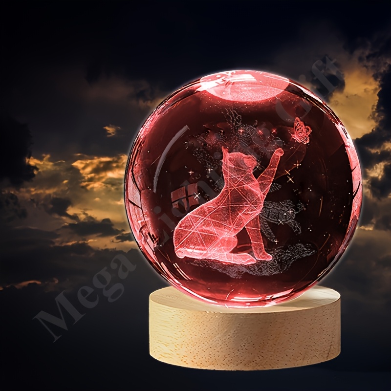 Image of 3d Cat Figurine Crystal Ball Lamp, Cat Light Lamp With Wooden Base, Gifts For Cat Lovers Christmas New Year Valentine's Day Mother's Day Thanksgiving Day Birthday Gift