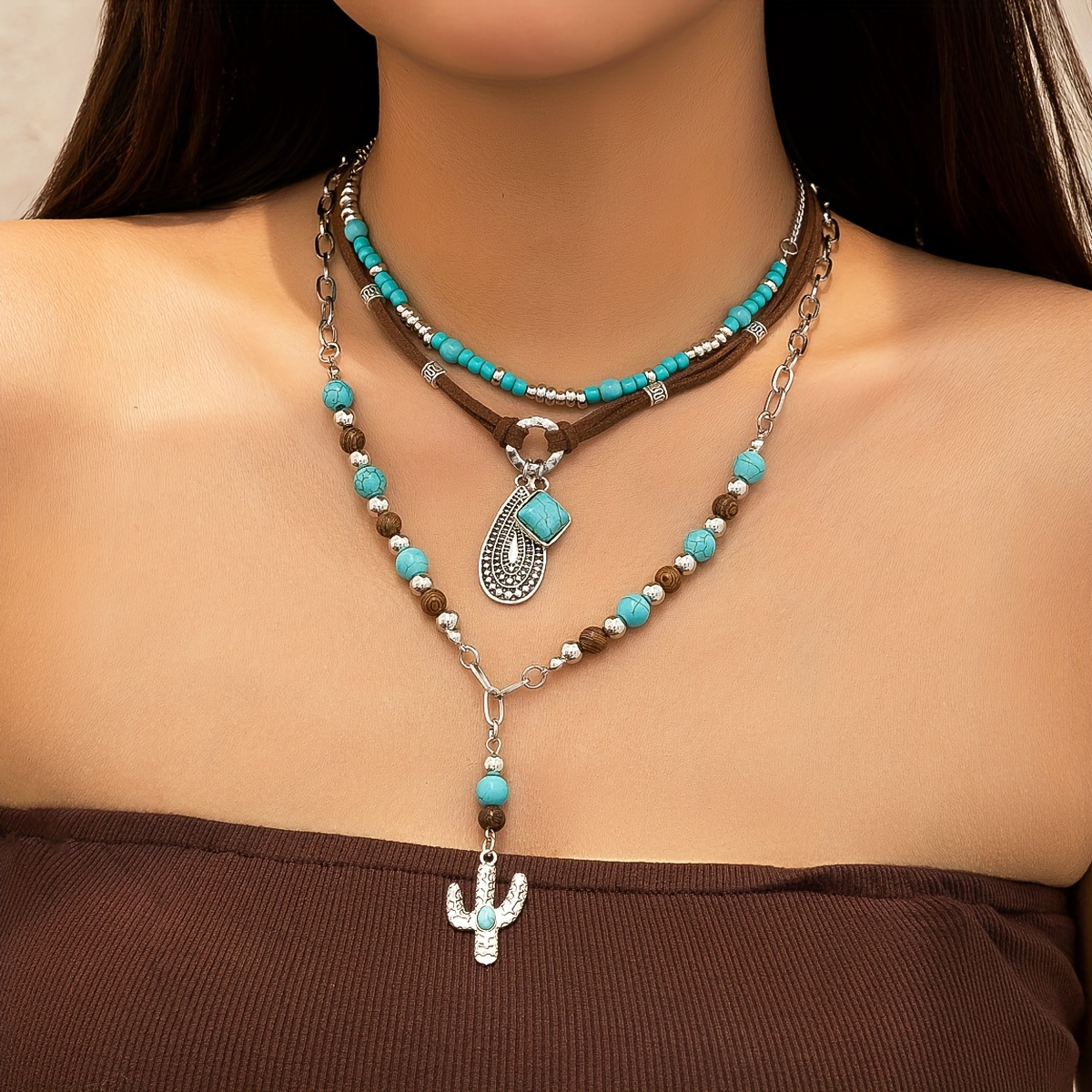 

Bohemian Vintage Style Pendant Necklaces Set For Women, 3 Pieces, Featuring Cactus And Teardrop Charms, Acrylic Turquoise Beaded, No Plating - Ideal For Daily Wear And Parties
