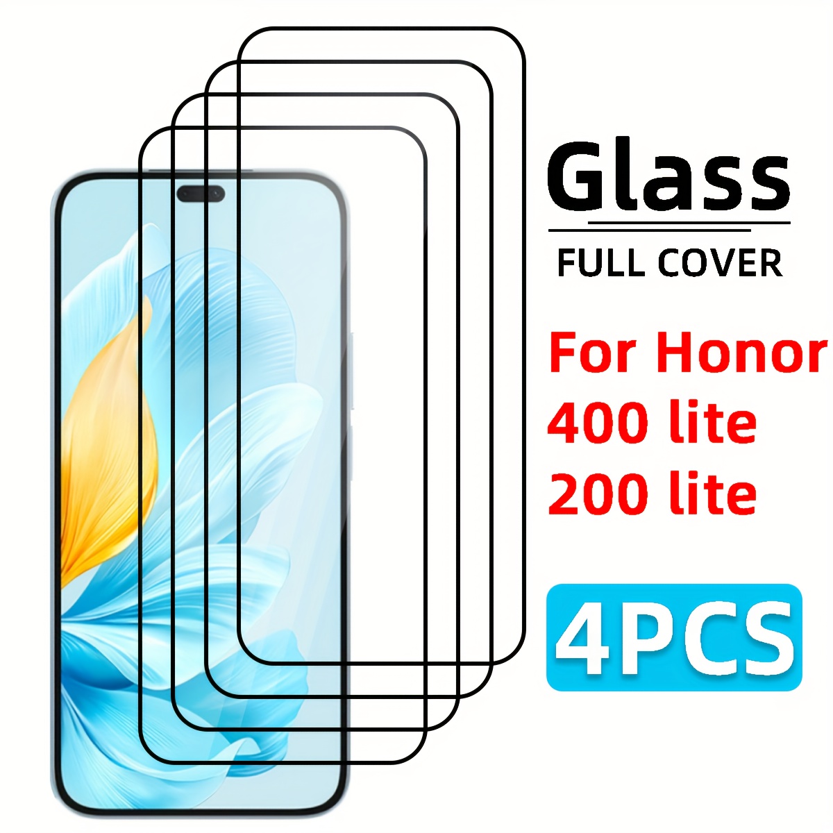 E-shop 4 Stück Vollständige Abdeckung Schutzfolien aus gehärtetem Glas, passend für Honor 400 Lite/200 Lite, kratzfest, blasenfrei, hohe