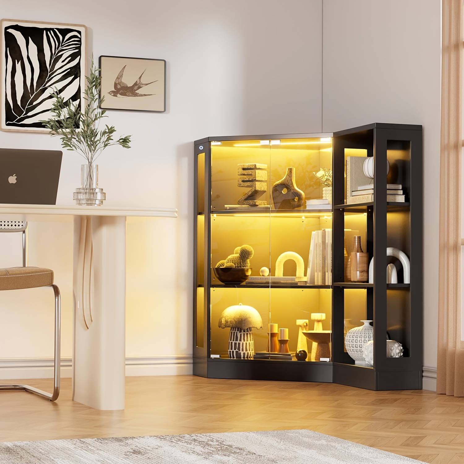 Image of Three-layer Corner Display Cabinet With Pop-up Tempered Glass Doors, Wooden Vertical Display Cabinet Suitable For Medals, Books, Photos, Collectibles, Etc., Suitable For Living Rooms And Offices