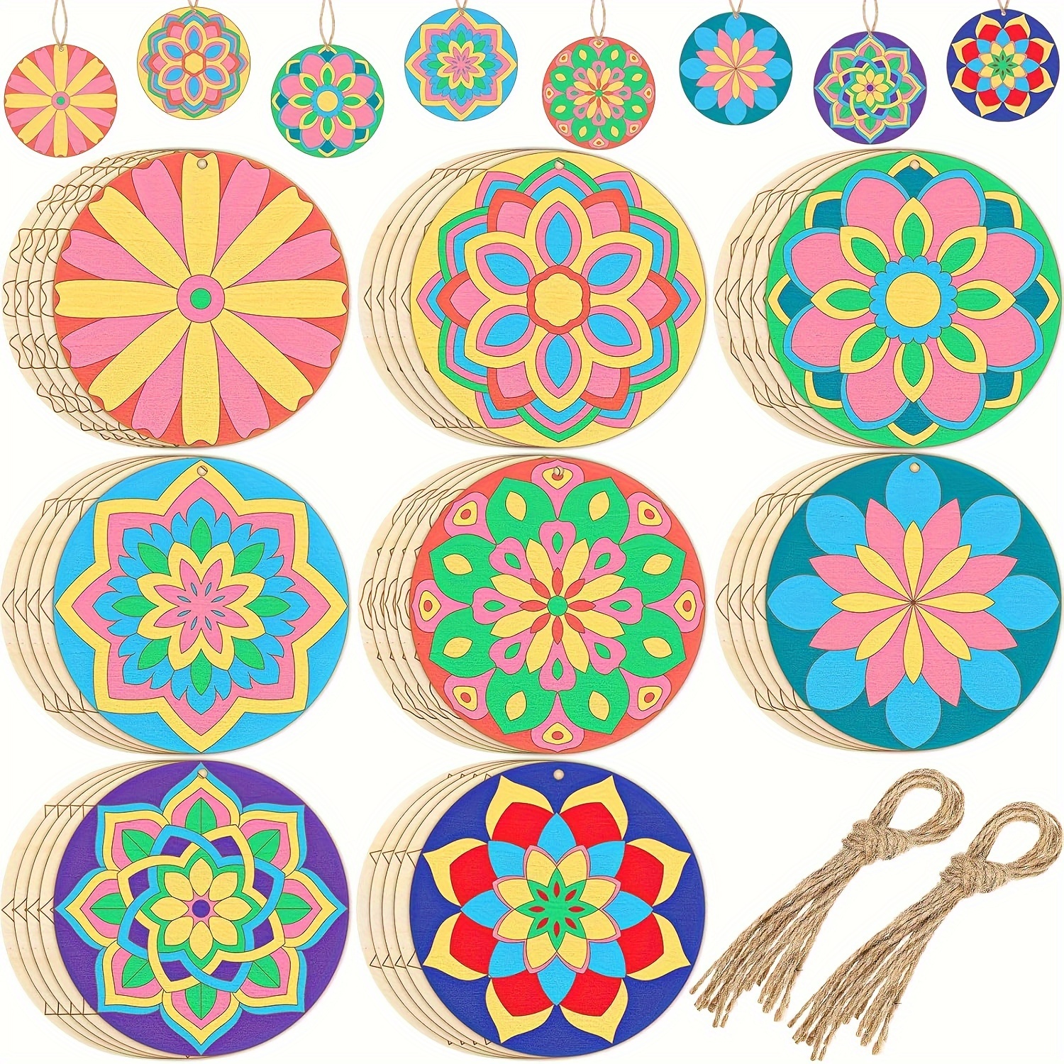 

40pcs Wooden Mandala Craft Kit - Diy Paintable Ornaments For Relaxation, Home & Wedding Decor