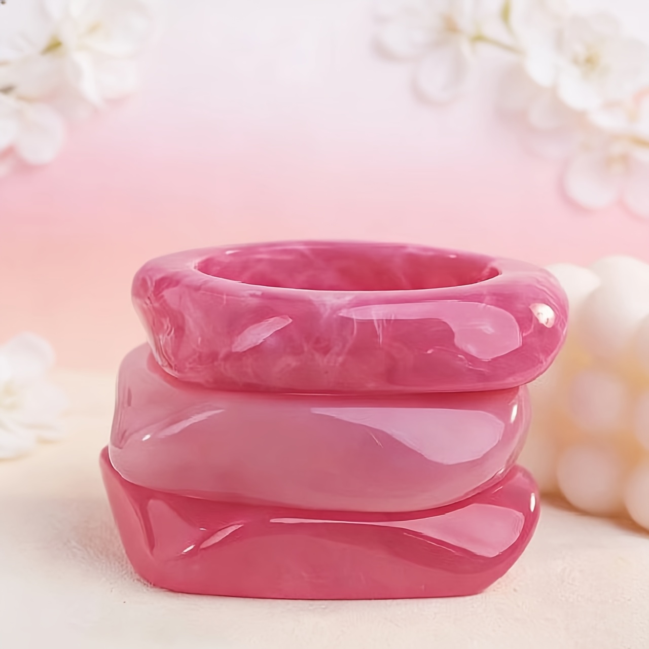 3pc Pink Square Resin Bracelet Set, Casual Gifting