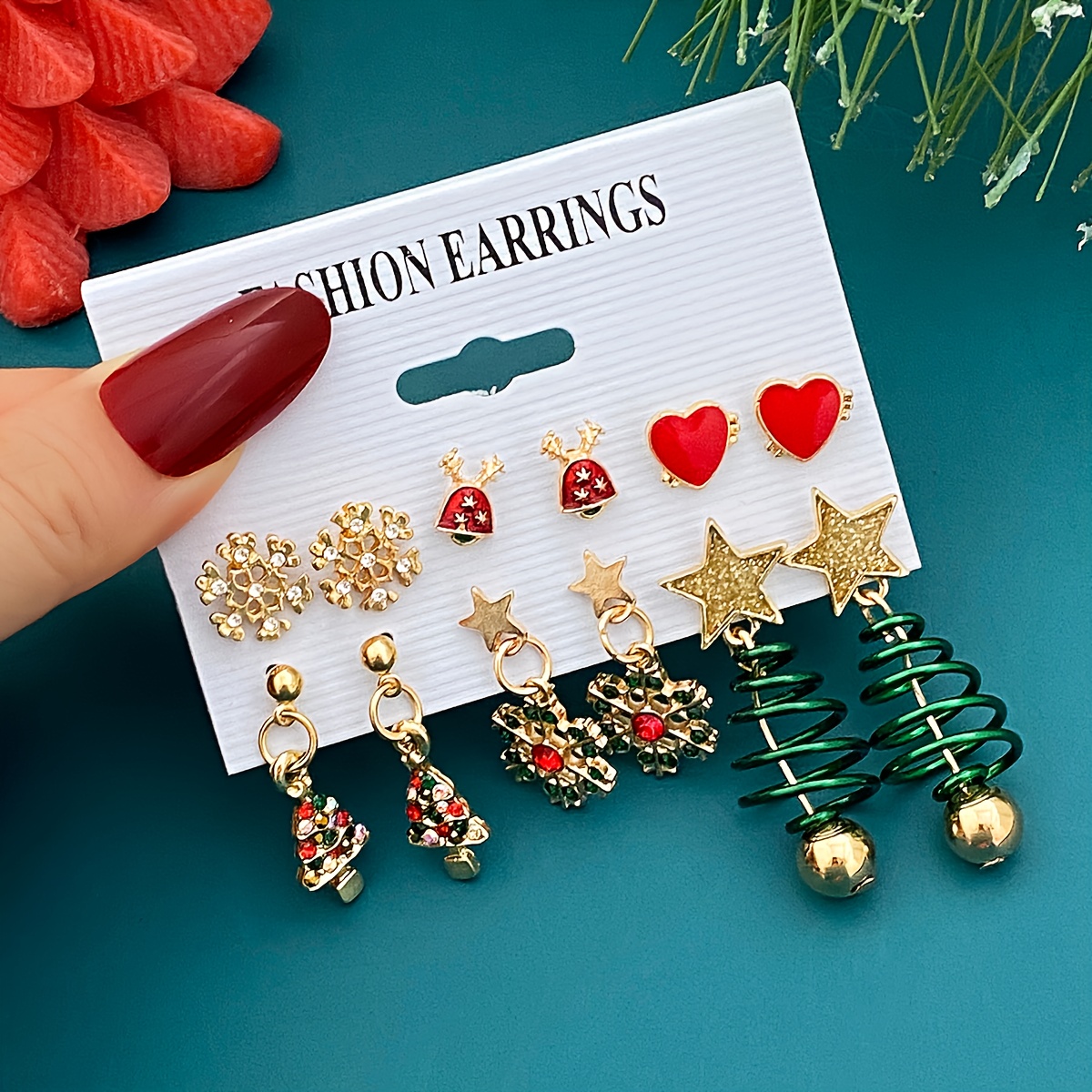 TEMU 12pcs Set / 6 Pairs Christmas Exquisite Design Sense Cute Colorful Rhinestone Elk Santa Claus Bow Christmas Tree Pendant Earring Set Celebration