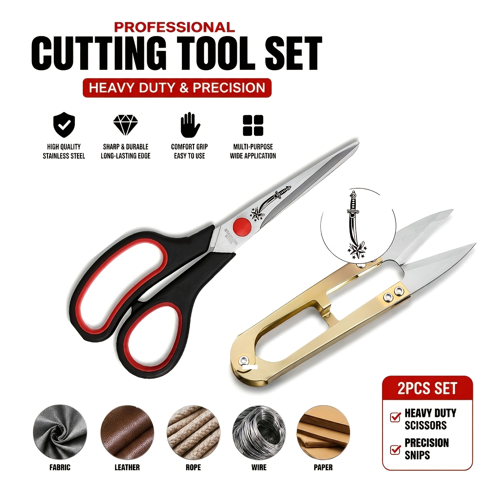 TEMU 2setultra Steel Scissors Set Heavy Duty Multipurpose Fabric Sewing Craft Tailor Office Home Use Professional Cutting Shears Rust Resistant