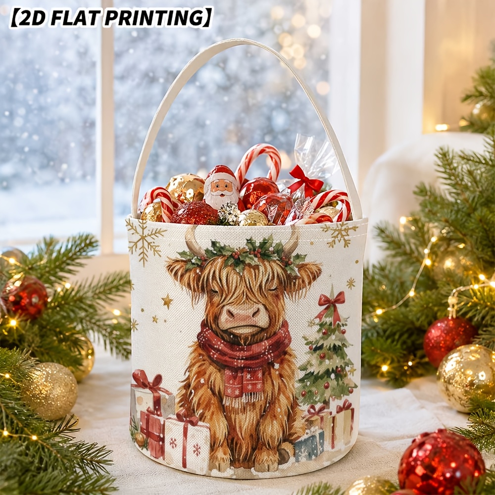 TEMU 1pc Highland Cow Christmas Basket With Santa Claus & Snowflake Print - Scottish Cow Storage Jar Suitable For Candy Canes, Gingerbread, Tree