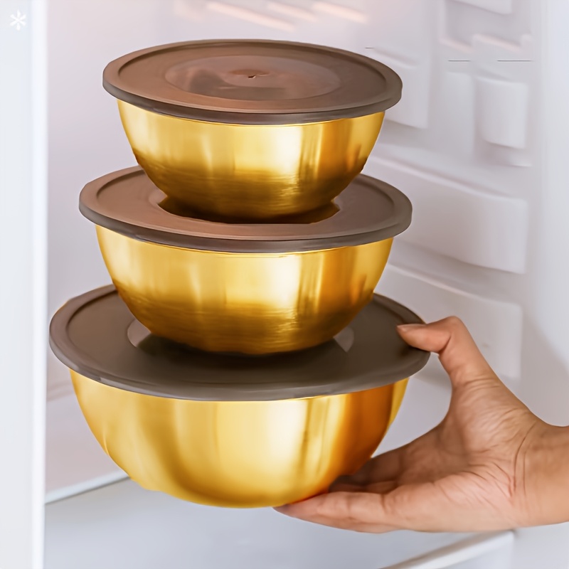 

3pcs Golden Stainless Steel Mixing Bowls Set With Airtight , 3 Different Of Size-23oz, 41oz, 71oz;sleek Golden , Metal Salad & Fruit Serving Bowls, For Kitchen Storage & Lunch Snacks