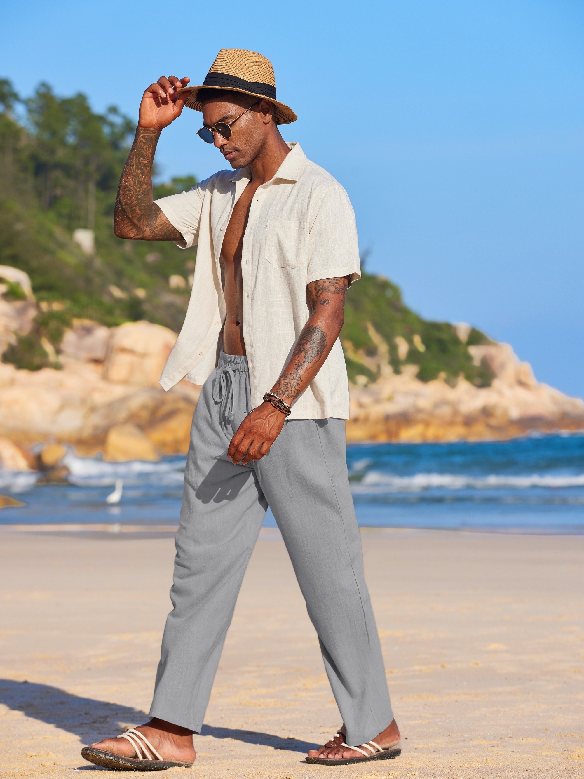 Mens Summer Beach Cotton Linen Yoga Pants Drawstring Elasticated Loose Trousers