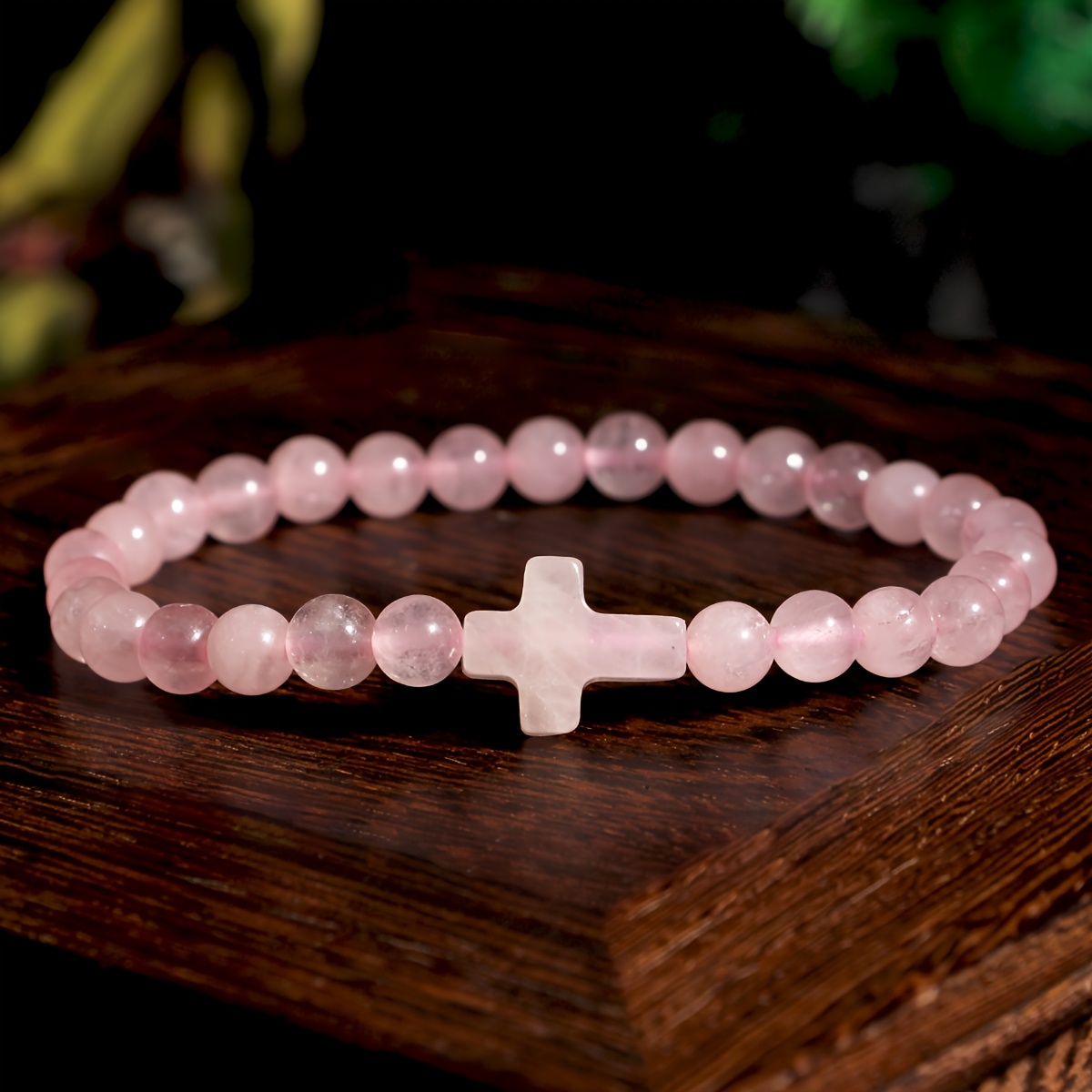 Image of 1pc Trendy Women Natural Stone Cross Bracelet Rose Quartz Green Aventurine Beads Bracelet Jewelry Gifts