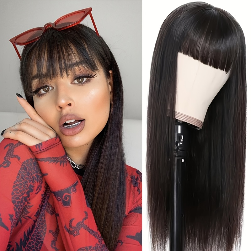 straight human hair wigs bangs none lace front wigs 180 - Temu display picture 2