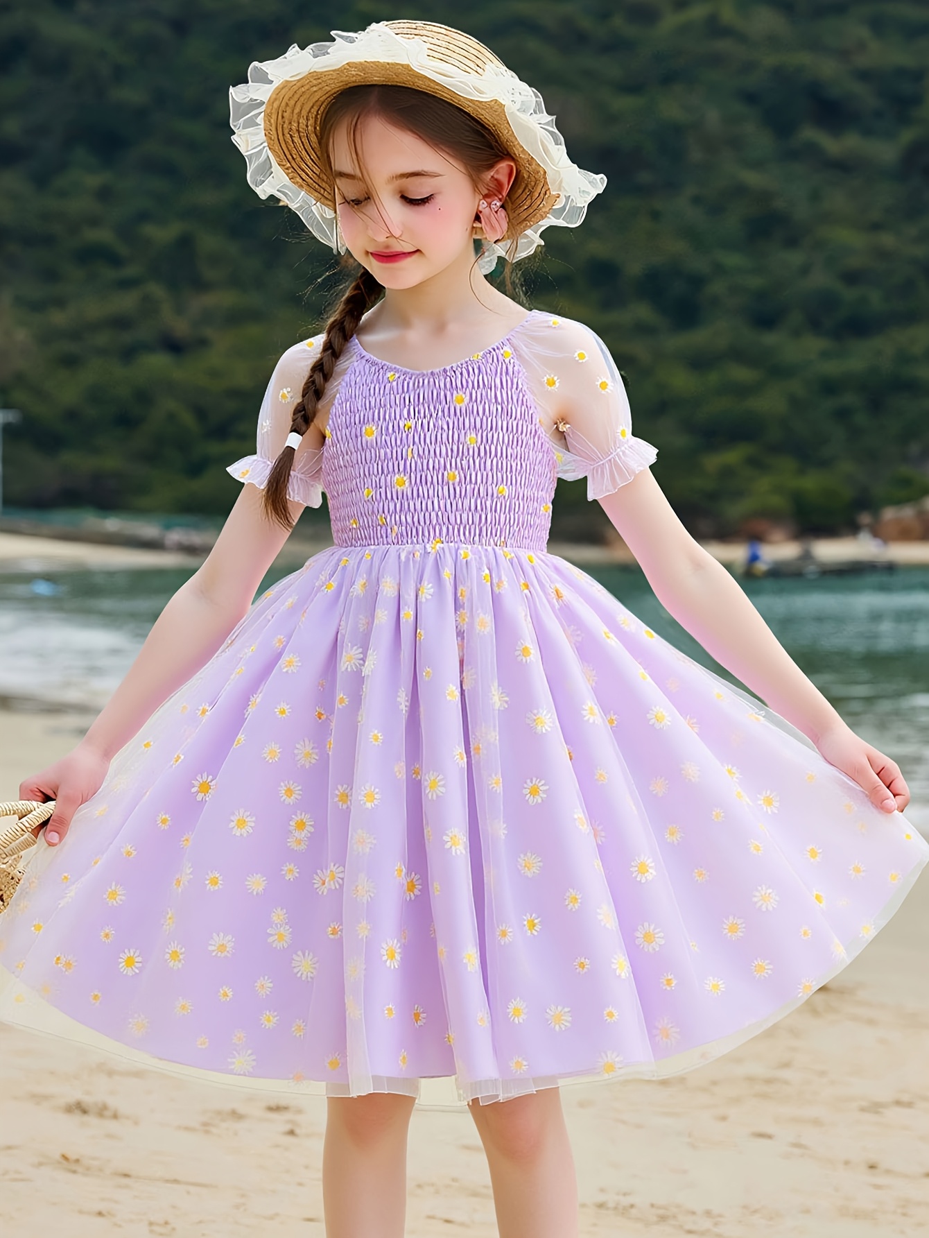 girls summer short sleeve dress daisy print mesh princess - Temu Mauritius