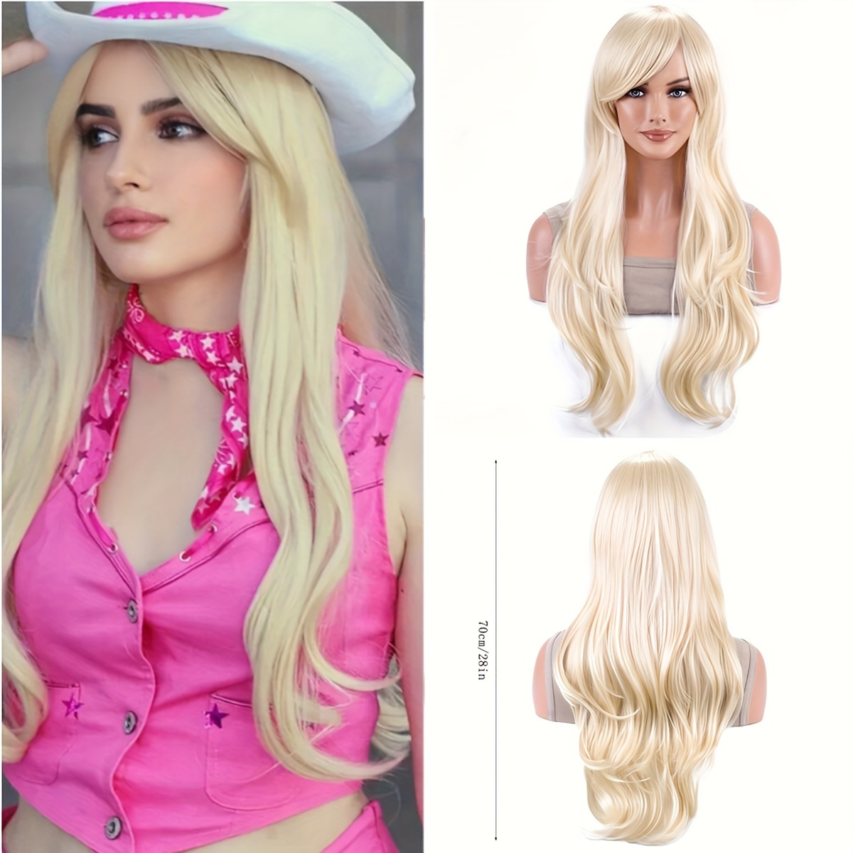 E-shop Hellblonde Perücke mit diagonalen Pony, mittellang, gewellte Perücke für Damen, hitzebeständige synthetische Faserperücke für tägliches Cosplay