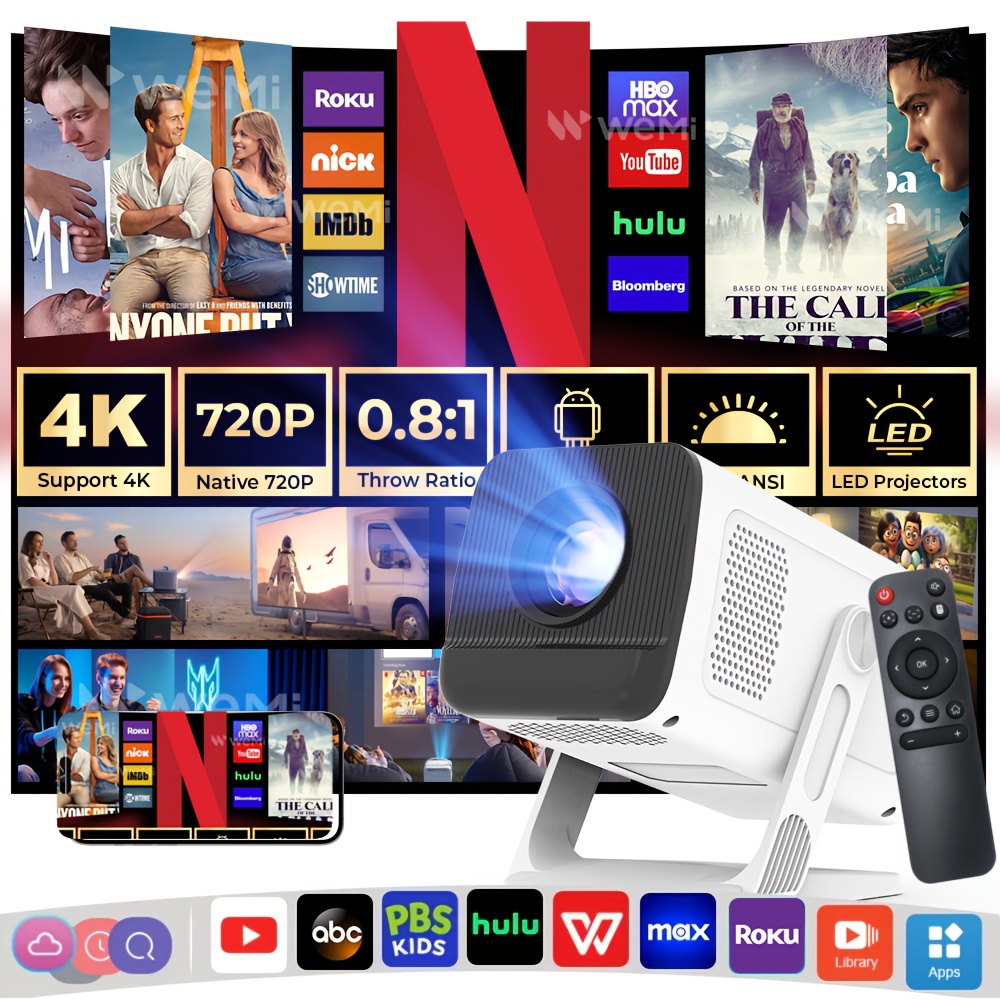 TEMU Compact Projector Featuring Wifi 6 And Wireless 5.4, 410 Ansi , Local 720p Resolution, Auto Keystone Adjustment, And 11, Suitable For Indoor And Outdoor Movie Viewing