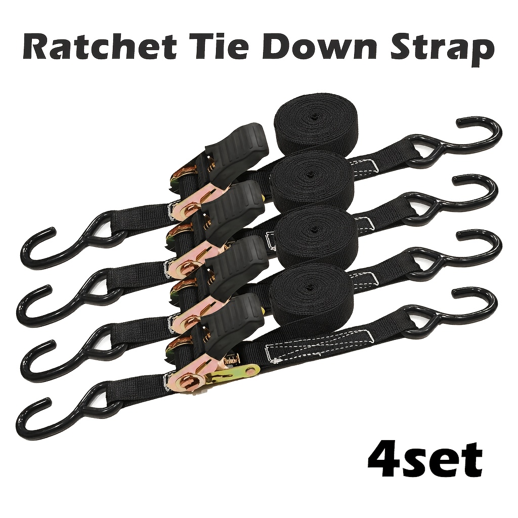 TEMU 4pcs Set 1-inch Ã 15-foot S-hook Ratchet Straps, Material, 1500 Lbs Break Strength, Suitable For Trucks, Trailers, And Cargo Transport,