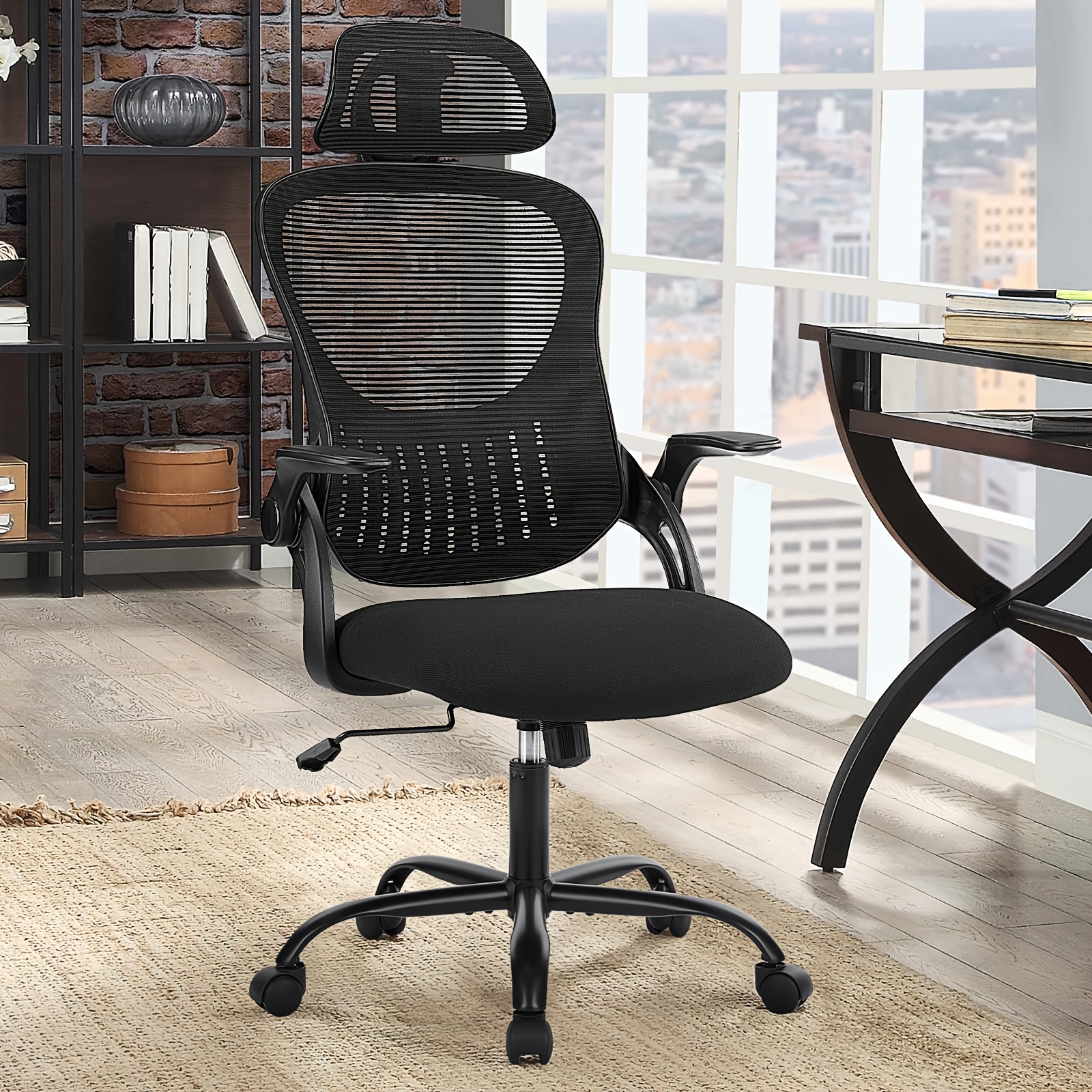 

Ergonomic High-back Hotel Computer Desk Chair, Mesh Rolling Work Chairs With Wheels And Adjustable Headrests, Comfortable Lumbar Support, Comfy Flip-up