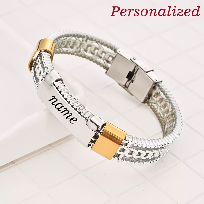TEMU Personalized Engraved Name Bracelet, Dual Styles Silicone And Braided Stainless Steel Id Wristband, Adjustable Custom Laser Engraved Nameplate