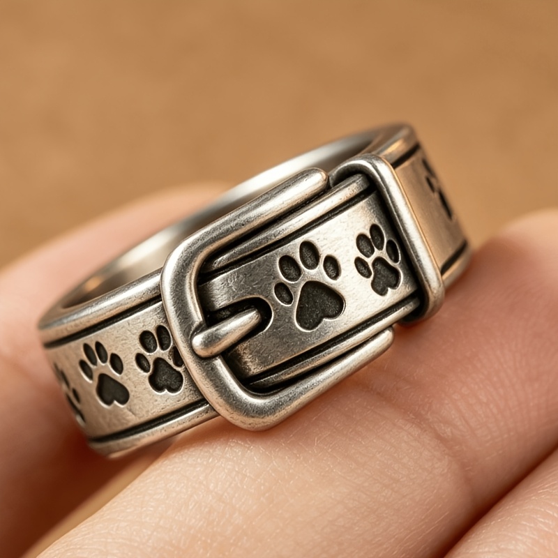 TEMU Joyhers Paw Print Belt Rings For - Carved Animal Jewelry With K Plating, Retro Pet-themed Rings Suitable For Daily Wear, Parties, Gifts For Dog