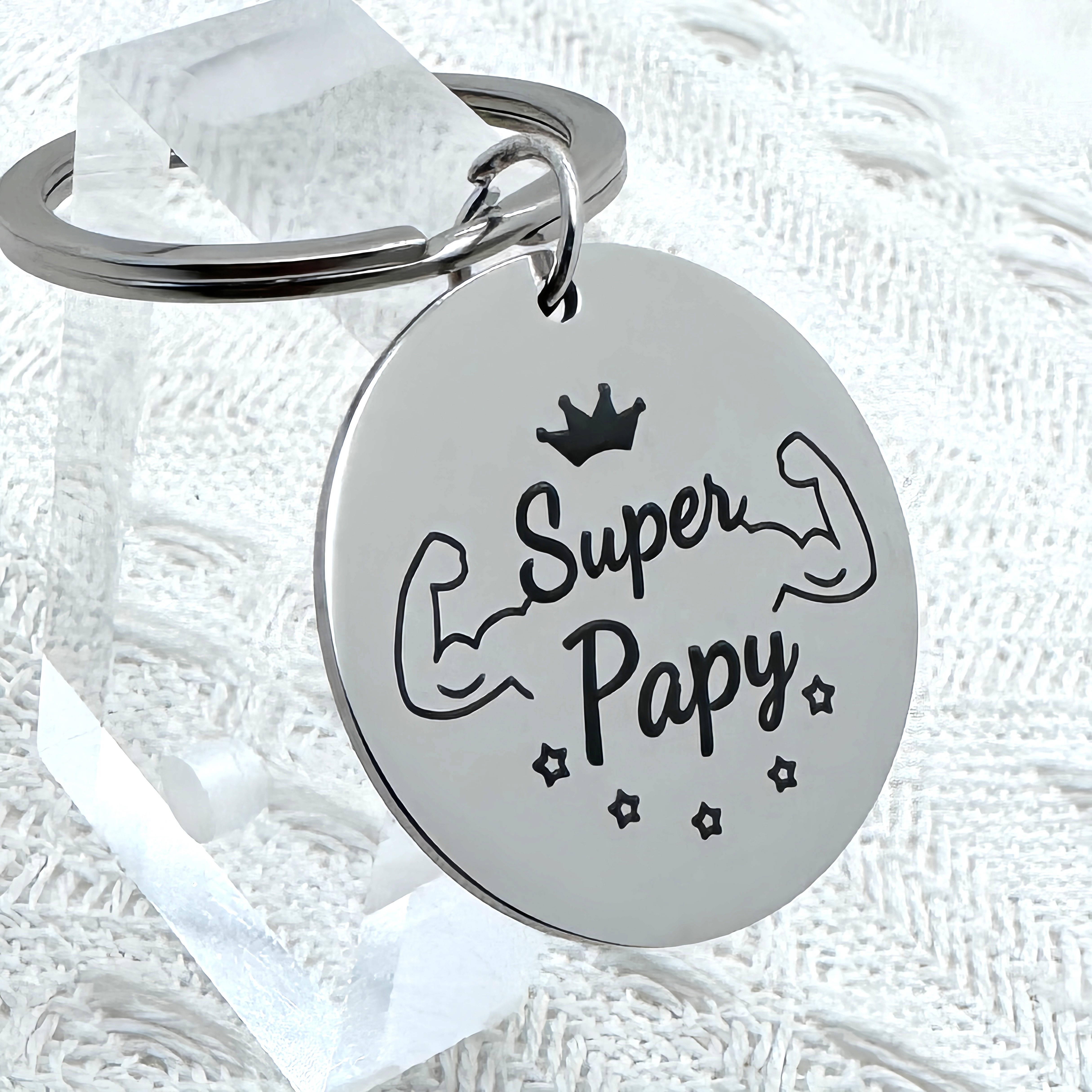 

Stainless Steel "super " Keychain, Silvery Grey Metal Keyring, Non-braided Family Gift Accessory For Grandfathers, For Father's Day, Day, Men's Birthday & Christmas