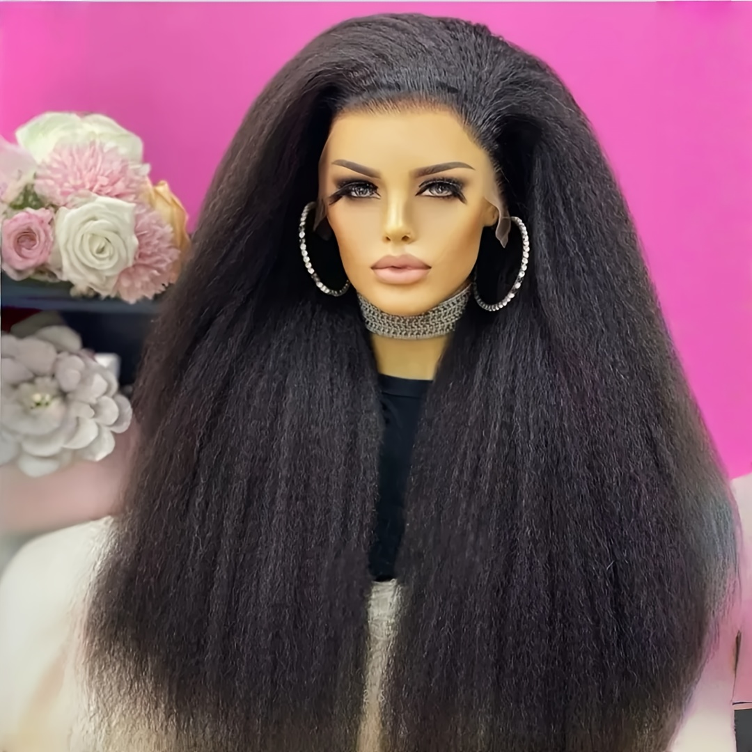 TEMU Perruques Frontales en Dentelle Raides Douces pour Femmes Longues 30 Pouces 180 Cheveux Synthétiques Pré-pincés Raides Noirs à Lace Front Colle