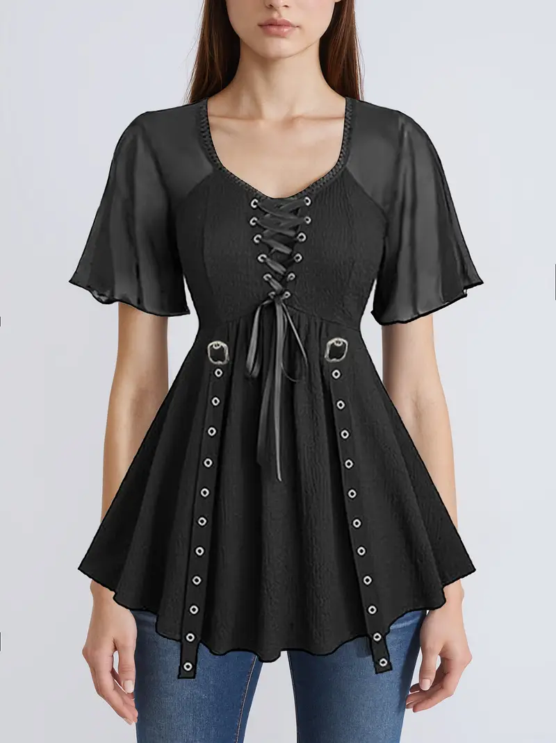 Women's Gothic Shirt Skull Mesh Butterfly Sleeve Lace-up Pleated Top