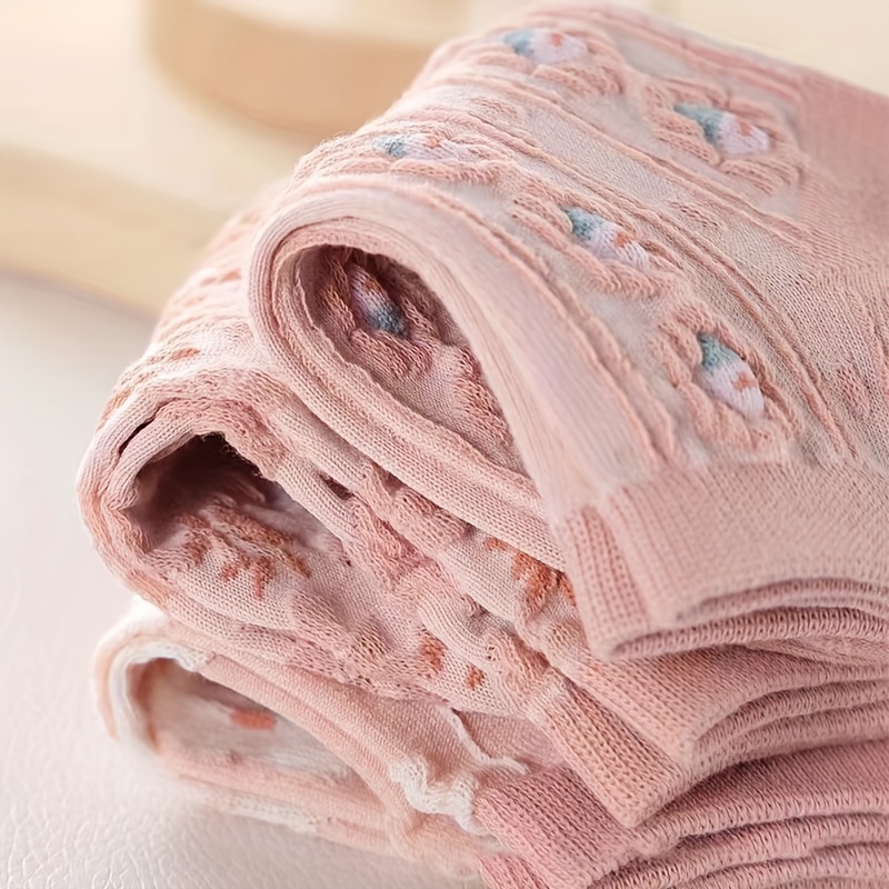 5 Pairs Women's Floral Print Ankle Socks - Pink Low-Cut No-Show Spring/Autumn Socks with Delicate Flower Patterns, Breathable & Durable for Casual & Formal Wear, Seasonal Wear Socks, Durable Socks