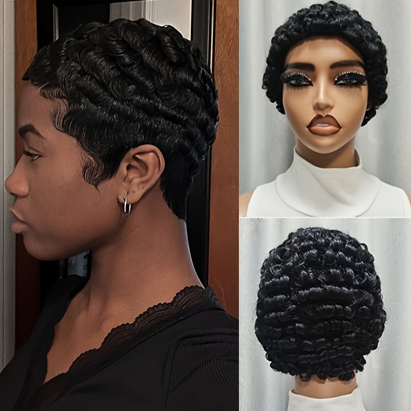 16 inch short curly hair wig, natural messy black curly wavy 