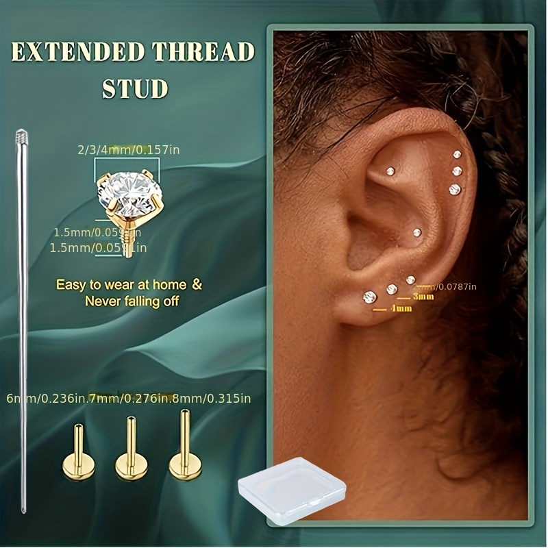 Image of 2d Flat - 7pcs G23 Titanium Flat Back Earrings Hypoallergenic Internal Thread Stud Earring 16g 20g Cartilage Helix Tragus Conch Piercing Jewelry Nose Lip Labret Studs For Women Men
