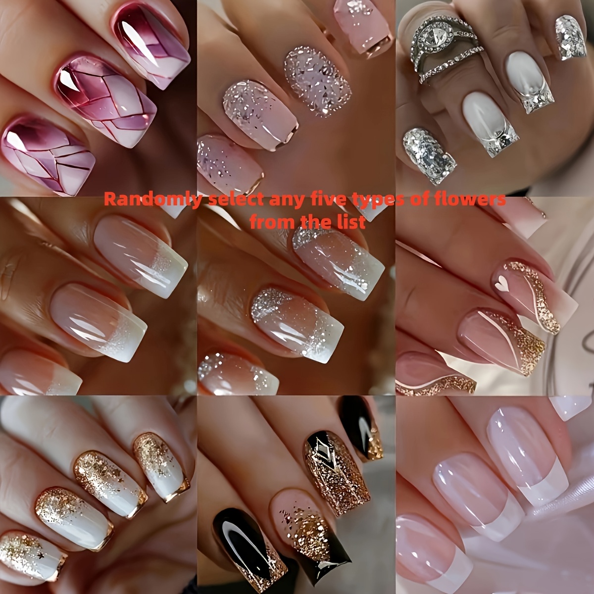 TEMU 5 Types Of Flowers From The List, Medium-long Square Fashionable Removable Fake Nails, Mixed Upgrade Your Style, Suitable For Women And ' Daily