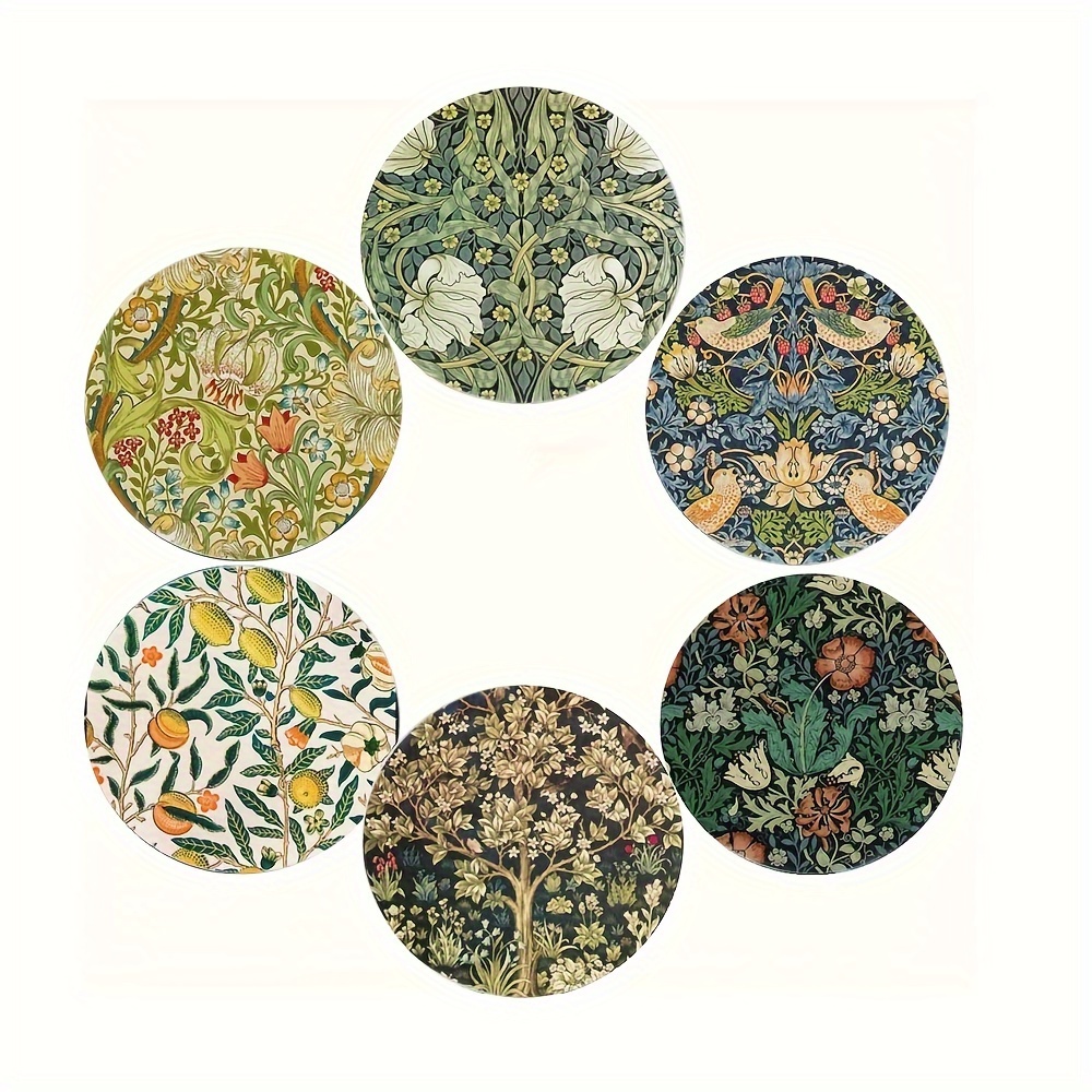 

6-piece Set Fresh Botanical Wooden Coasters - Heat-resistant, Decorative Mug Pads For Home & Coffee Shops