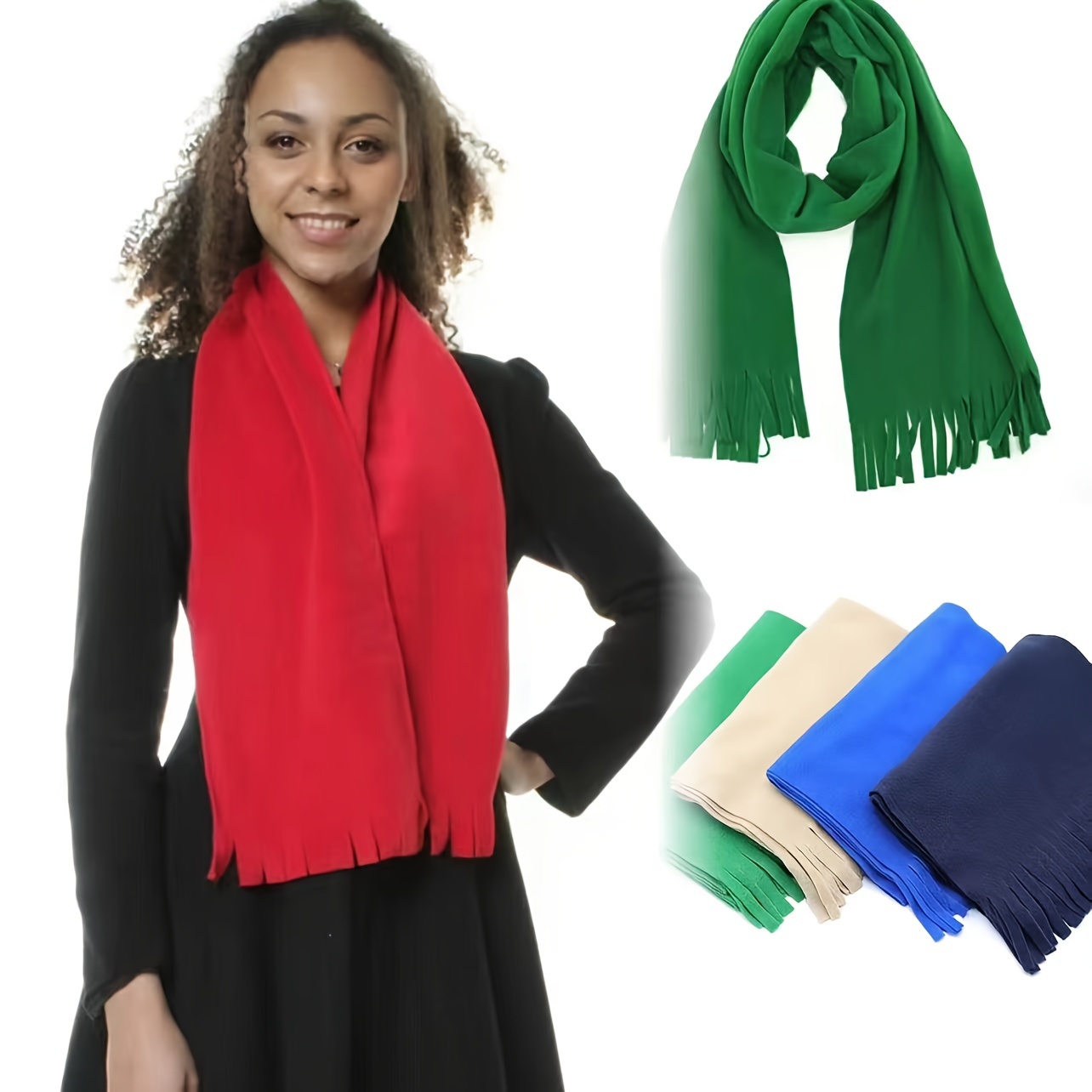 

Cozy Fleece Scarf - Soft, Warm, Anti-pill Polyester In Red, Green, , & Blue With Tassels - Winter