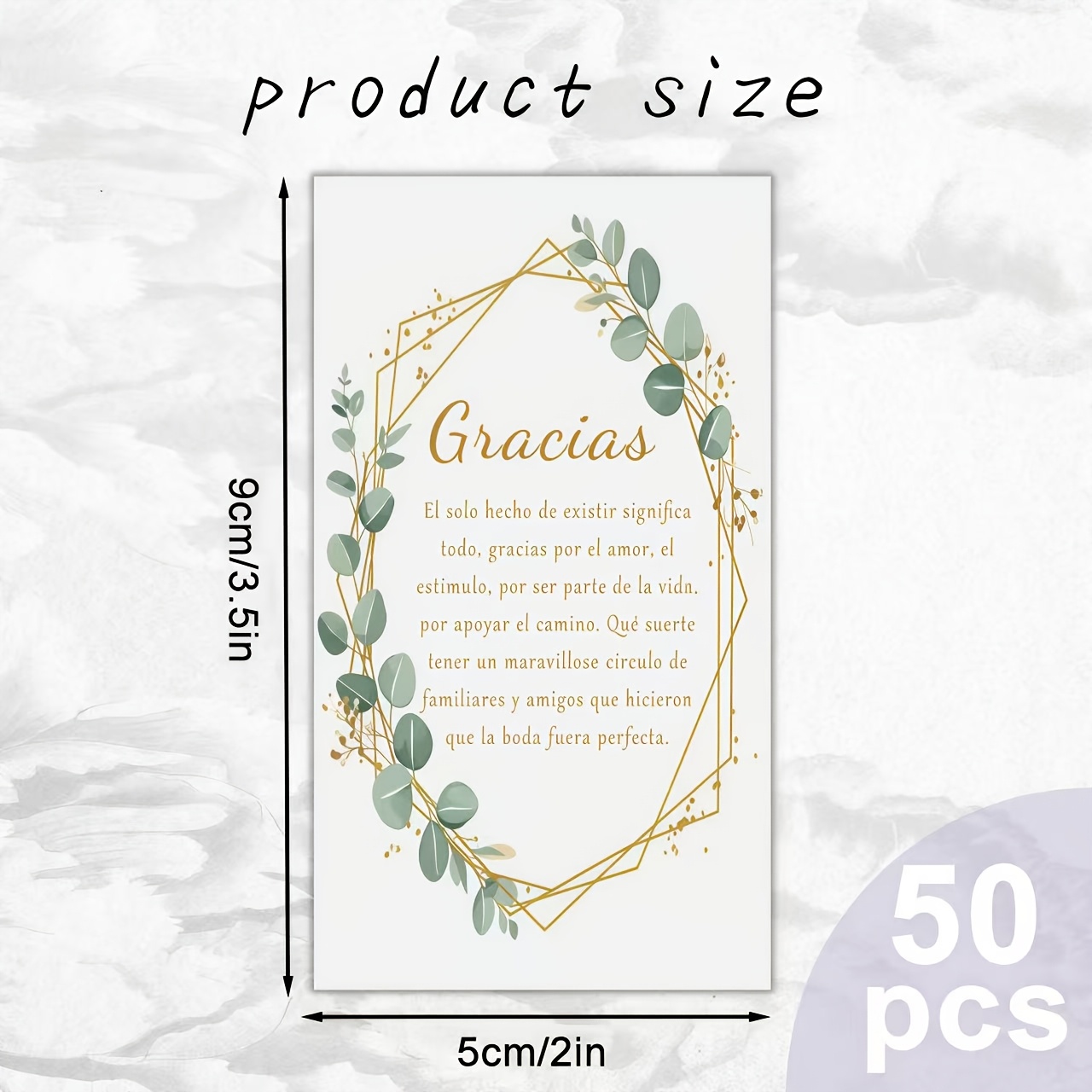 TEMU 50 piezas de tarjetas de agradecimiento de lujo con hoja de eucalipto para española, tamaño 3.5x2in, diseño de hoja de eucalipto + geométrico