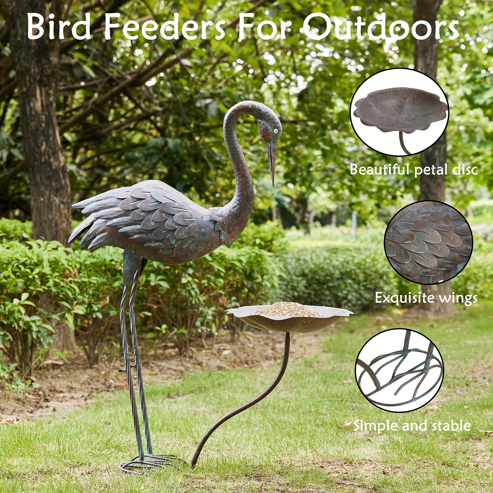 Metal Crane Bird Feeder and Bird Bath Garden Sculpture Statues Art outlet for Garden Decoration Outdoor Decor