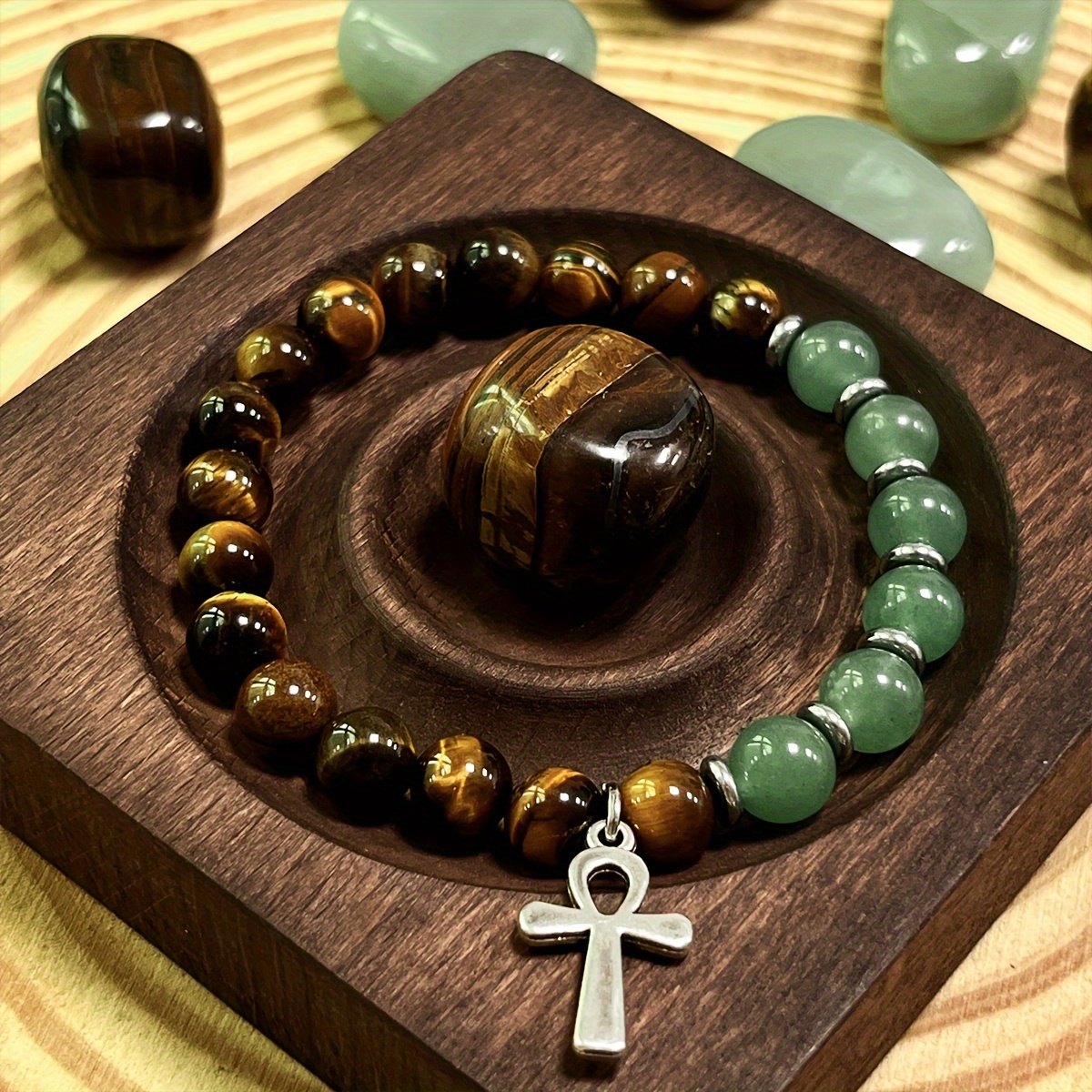 

Ankh Bracelet The Tiger Eye & Green 8mm Round Natural Stone Handmade Beads Life Eternal & Luck Men's And Women' Bohemian Jewelry Accessories Crystal Gift