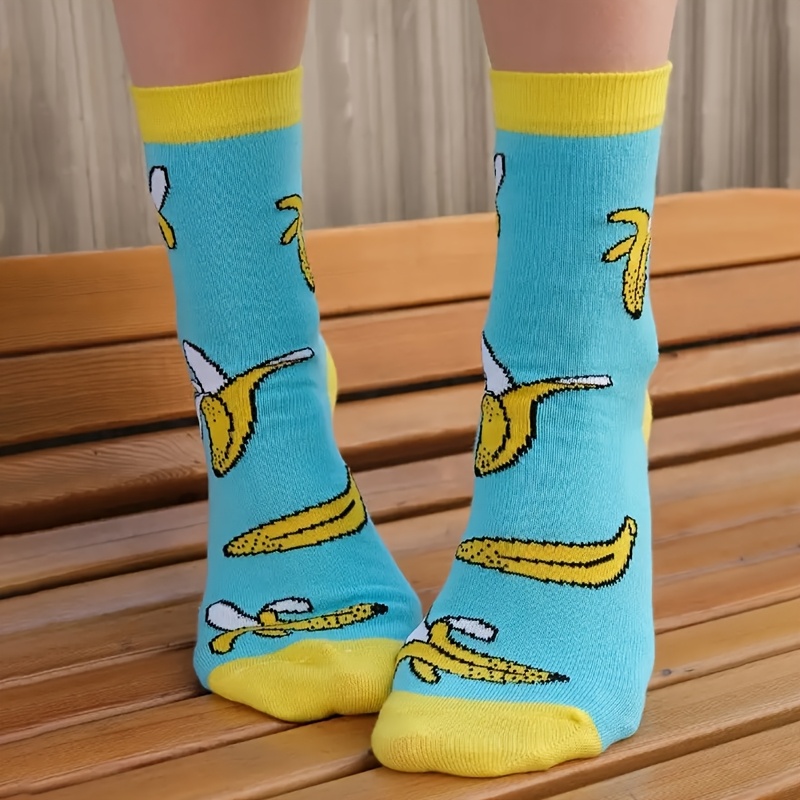 TEMU 1 Pair Of Women's Banana-patterned Color-block Mid-calf Socks, Soft And Comfortable, Socks, Breathable, With A , Suitable For