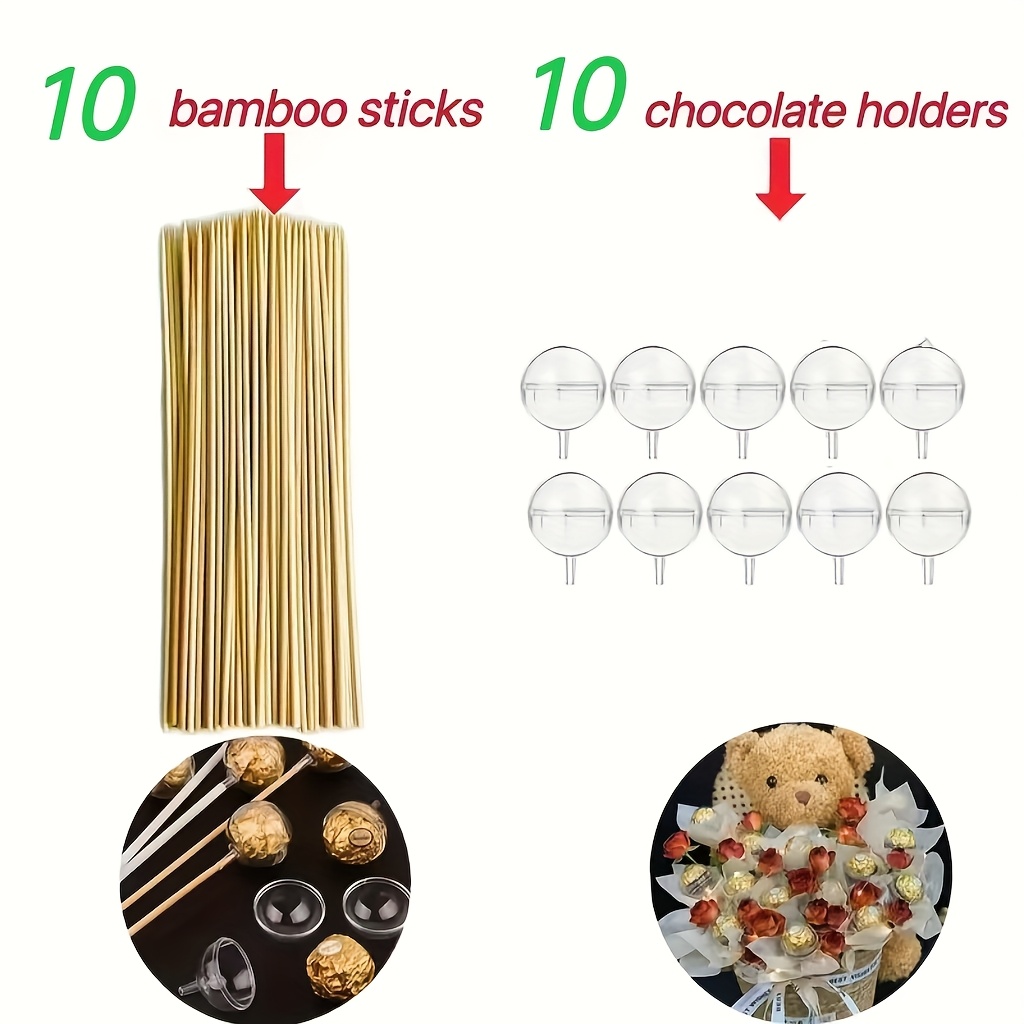 Image of 20pcs Chocolate Flower Stand Kit, Plastic Bouquet Wrapping Set With 10 Transparent Spheres And 10 Bamboo Skewers, Ideal For Wedding, Birthday, Anniversary, Bridal Shower, And Themed Party Decorations